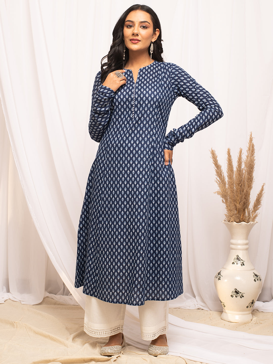 FIORRA Women's Floral Printed Navy Blue Cotton A-Line Kurta